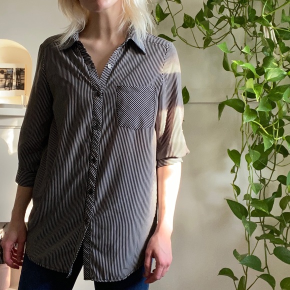 Vintage: Black & White Striped Button Down Blouse - Picture 2 of 4